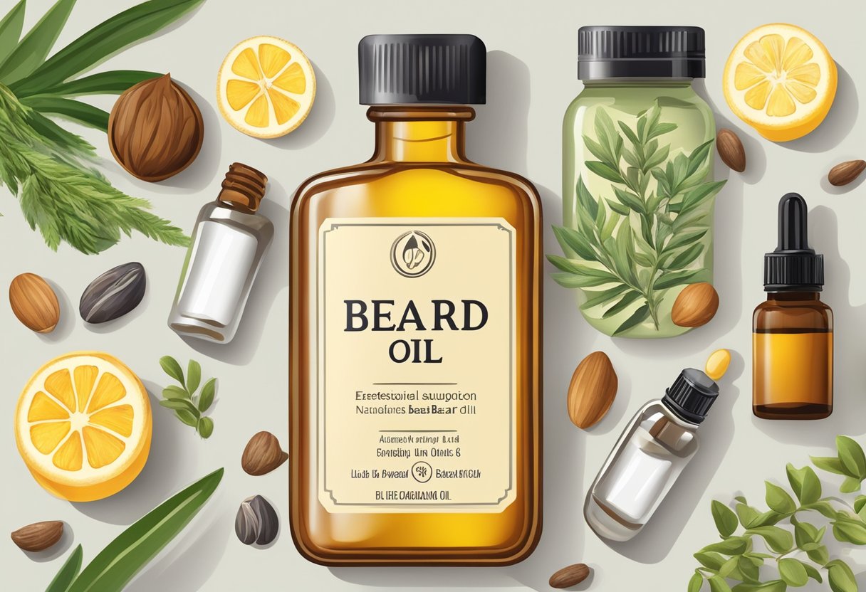 A bottle of beard oil surrounded by various natural ingredients like jojoba oil, argan oil, and essential oils. A lush, healthy beard is depicted in the background